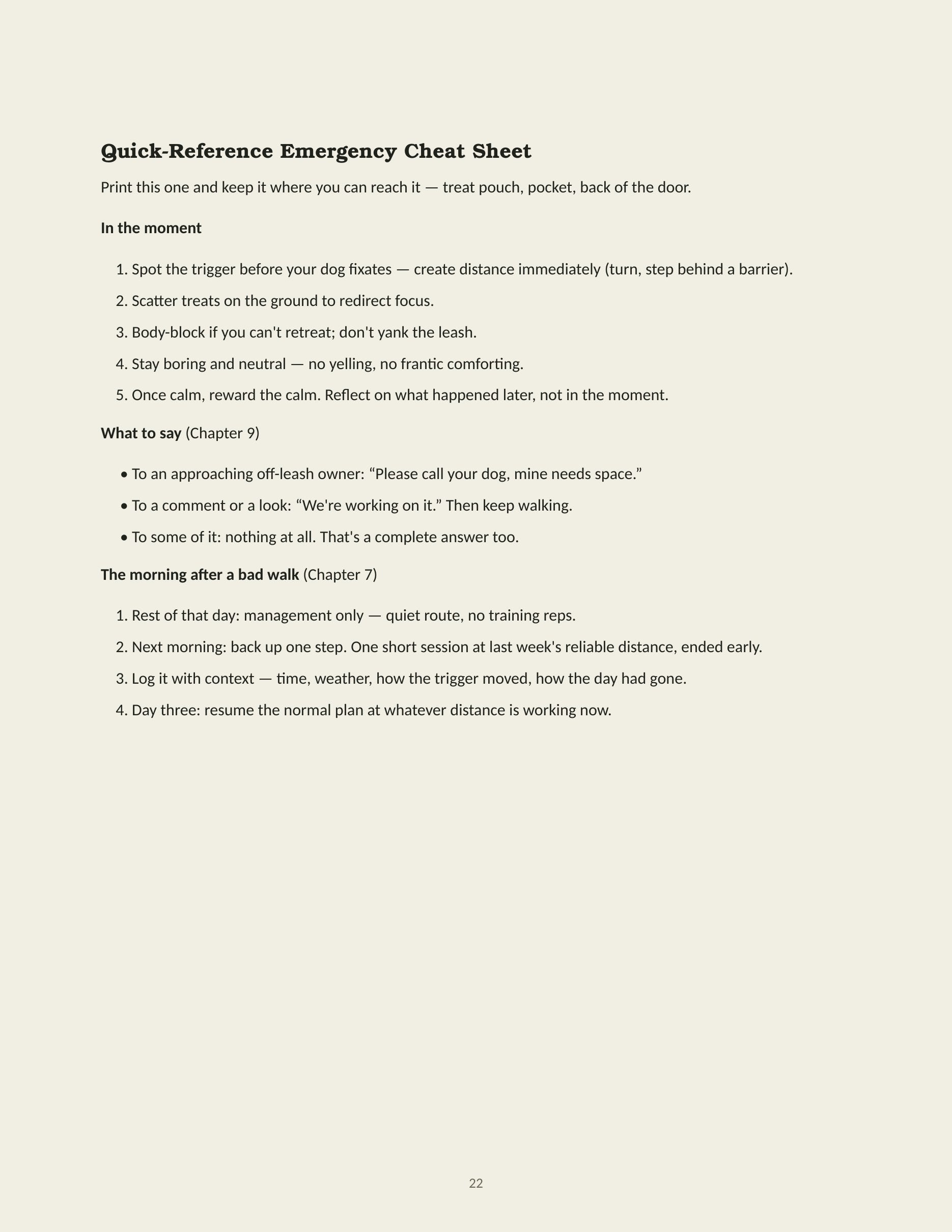 One-page quick-reference emergency cheat sheet from The Reactive Dog Reset Playbook, covering in-the-moment steps, what to say to other owners, and the morning after a bad walk