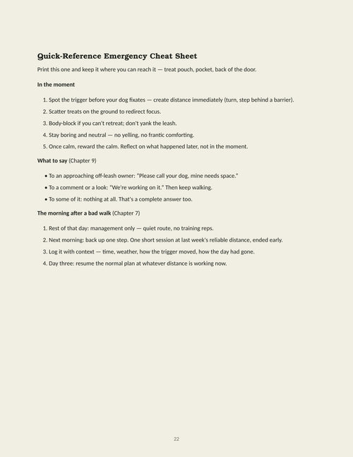 One-page quick-reference emergency cheat sheet from The Reactive Dog Reset Playbook, covering in-the-moment steps, what to say to other owners, and the morning after a bad walk
