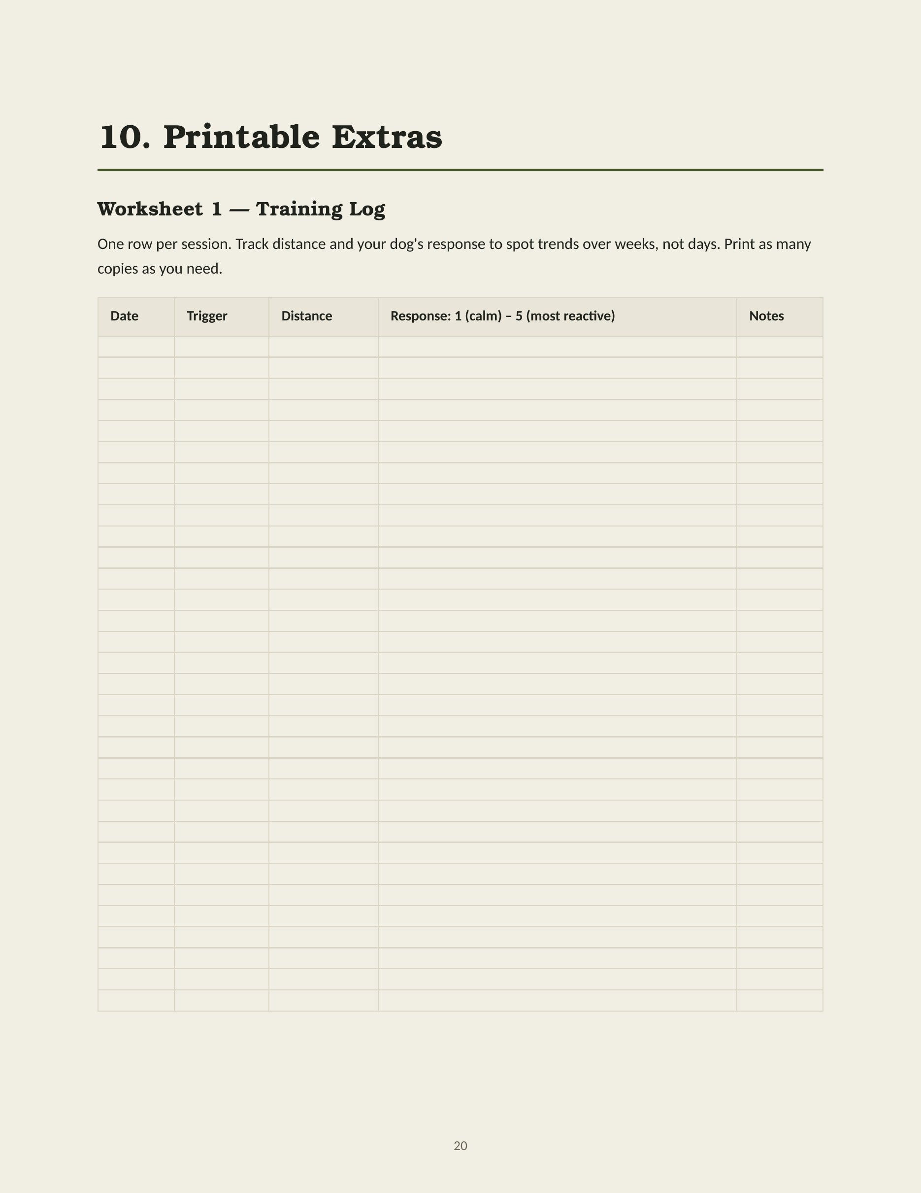 Printable training log worksheet from The Reactive Dog Reset Playbook, with columns for date, trigger, distance and response