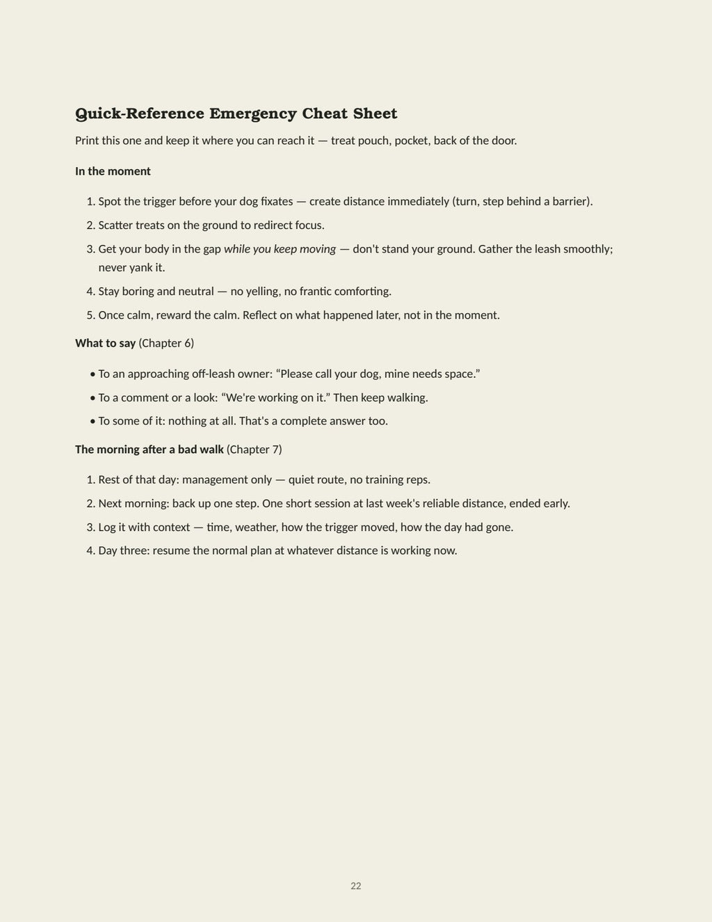 Cheat sheet preview, a sample page from The Reactive Dog Reset Playbook