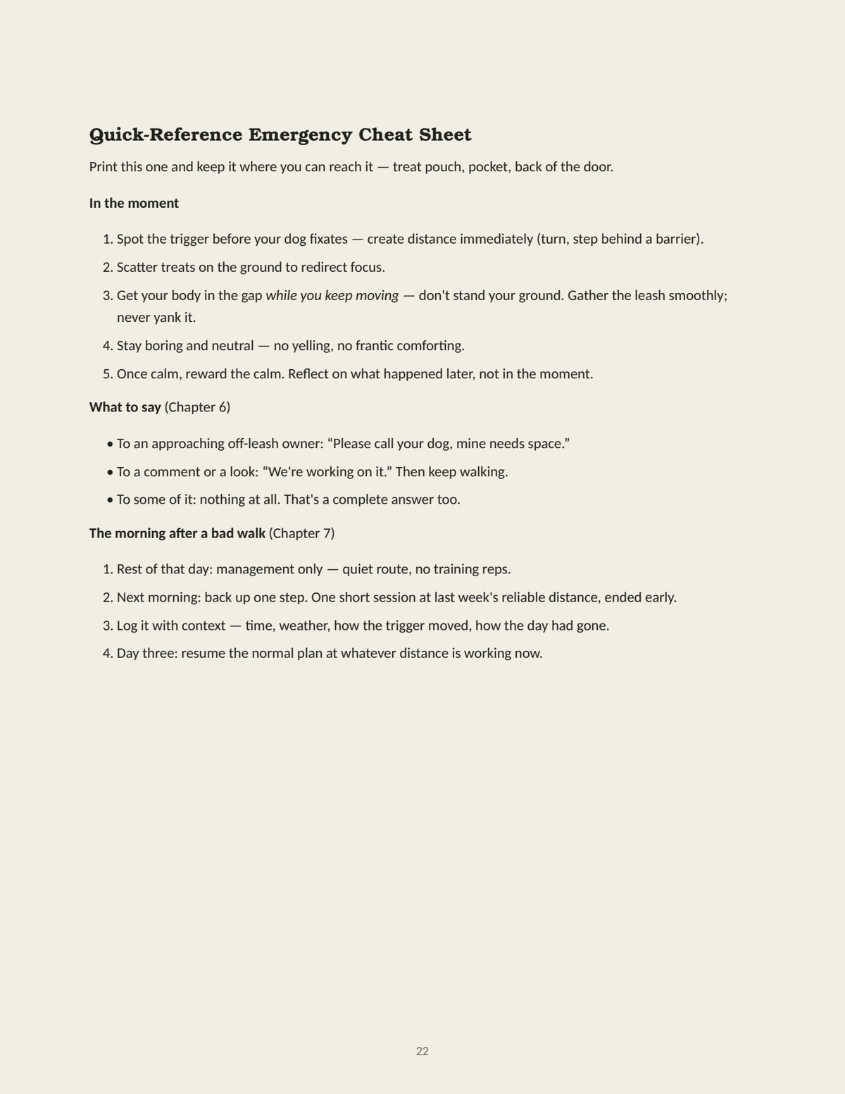 Cheat sheet preview, a sample page from The Reactive Dog Reset Playbook