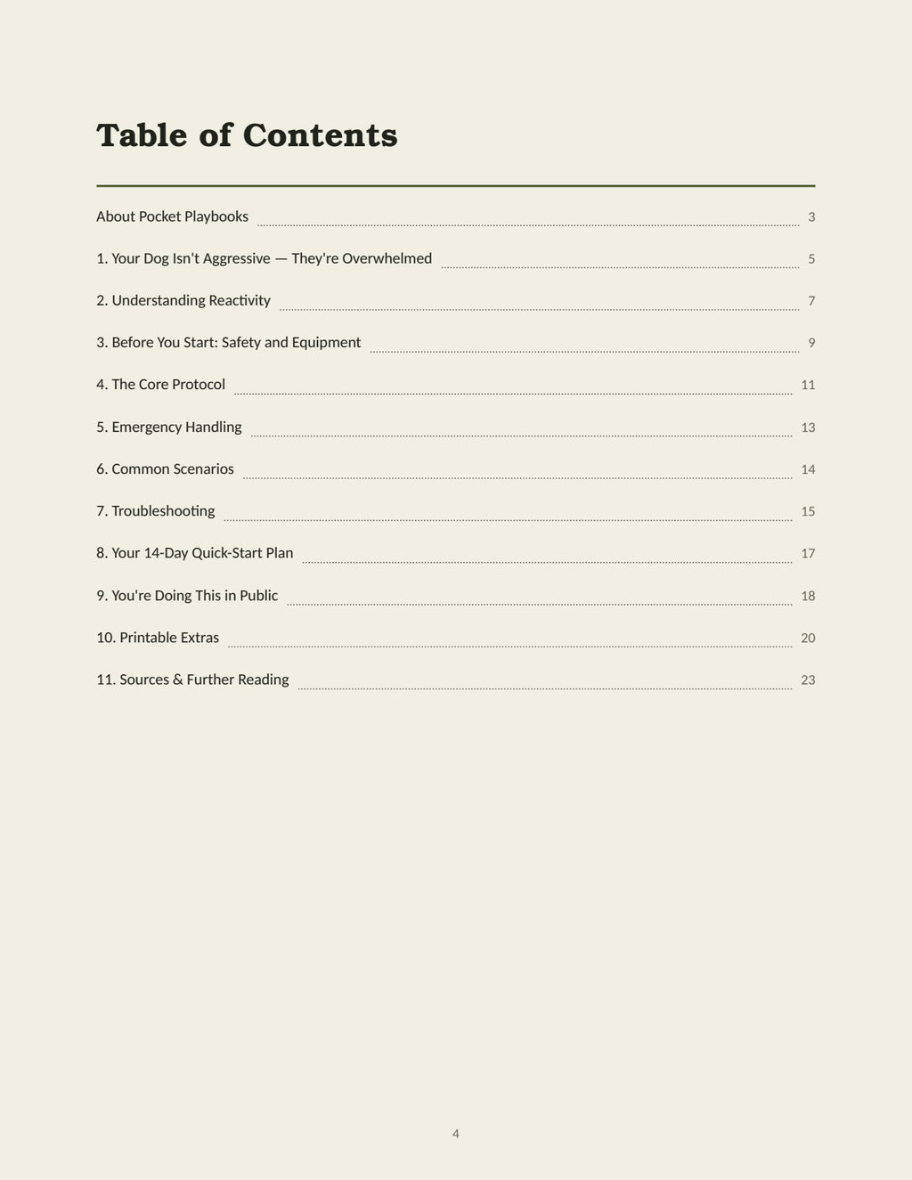 Table of contents of The Reactive Dog Reset Playbook