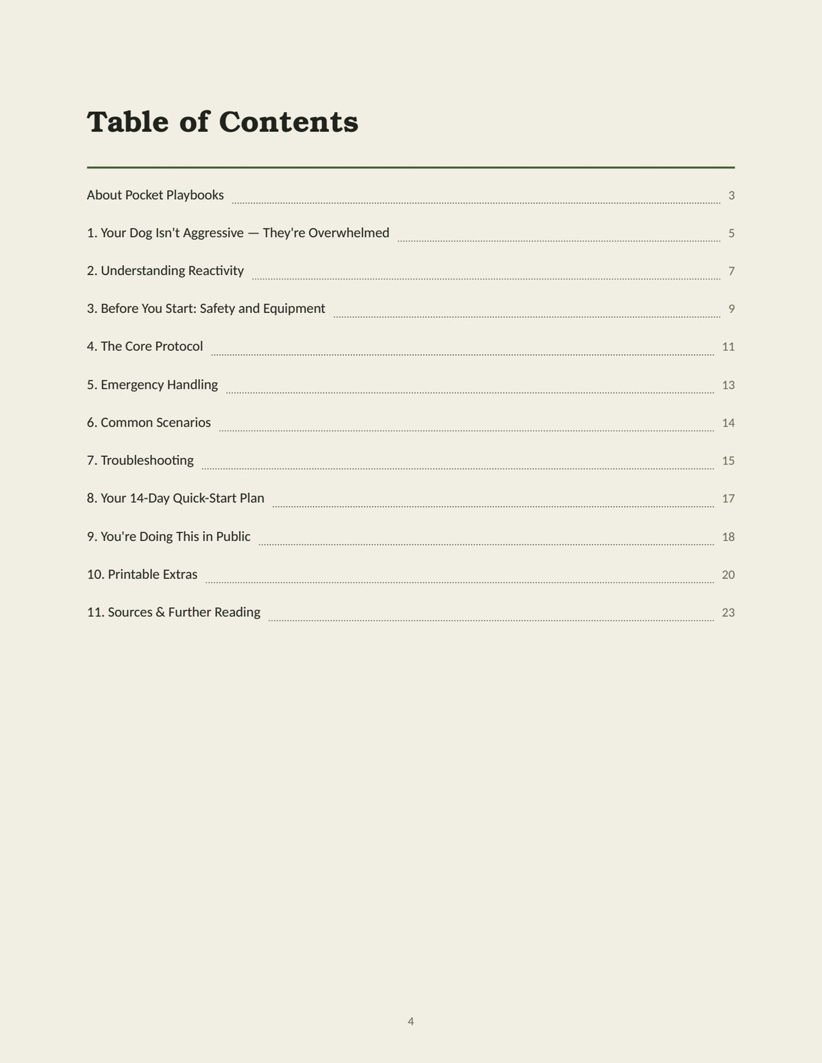 Table of contents of The Reactive Dog Reset Playbook