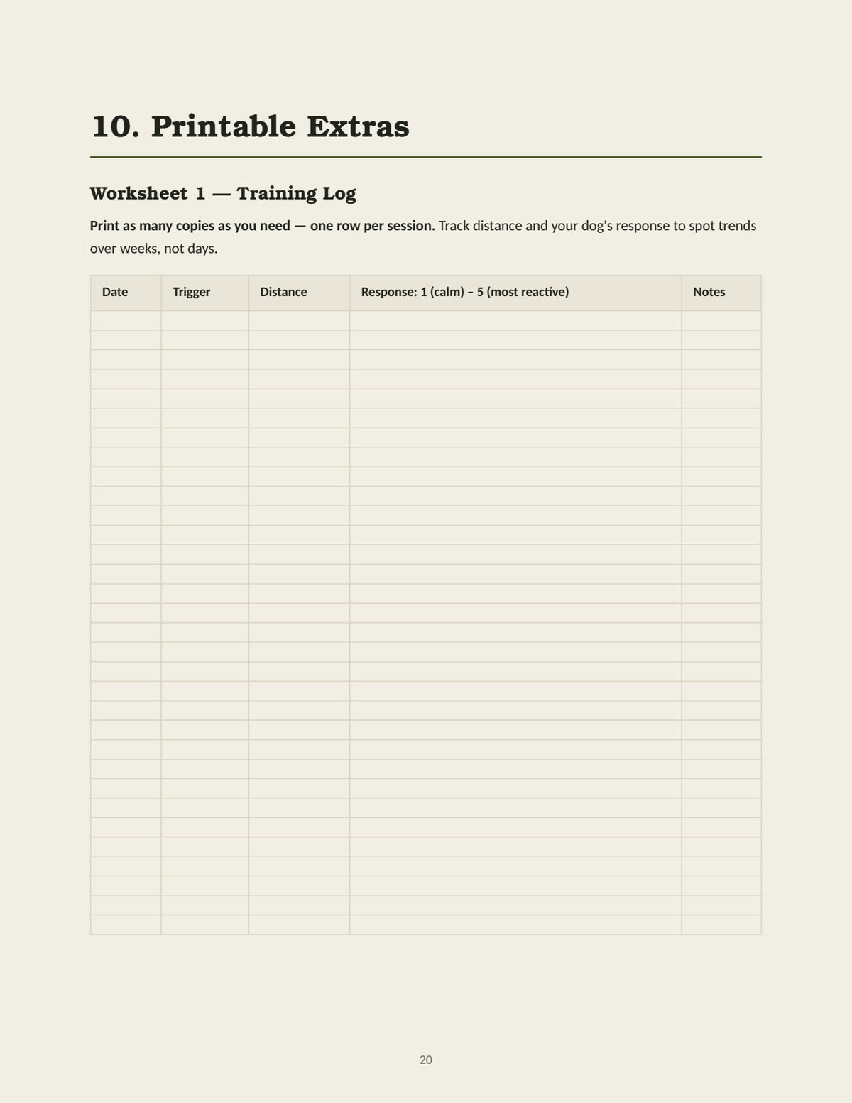 Training log worksheet from The Reactive Dog Reset Playbook